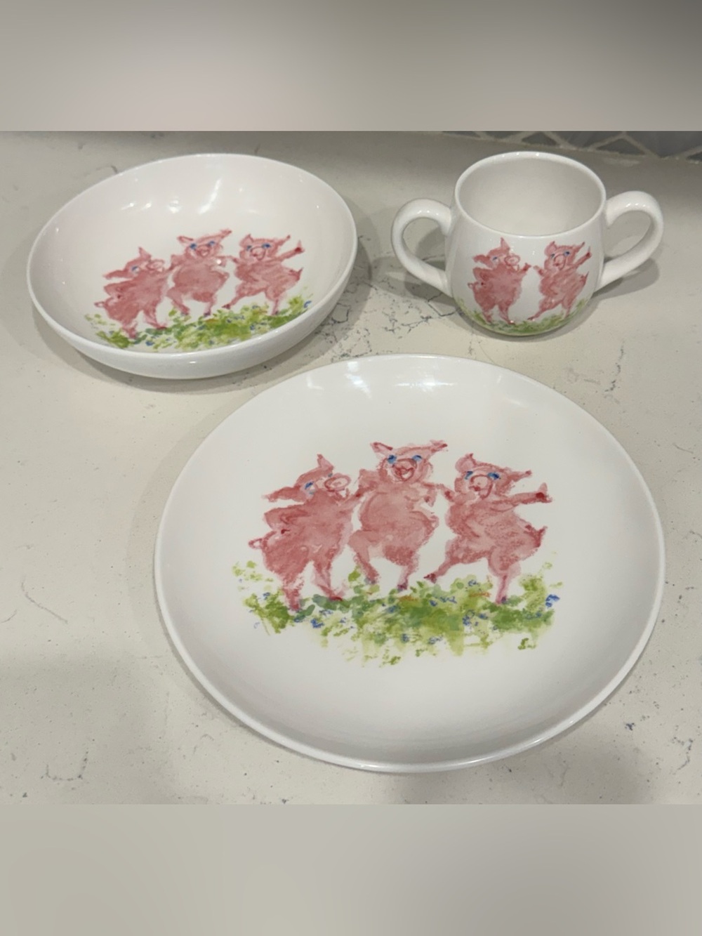 Vintage Tiffany & Co Dancing Pigs 2002 Childrens 3 Piece Fine Bone China Set